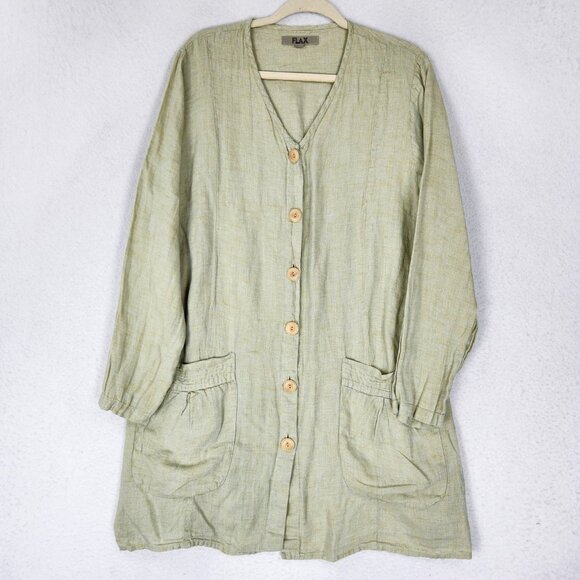 Flax Sweater Womens Medium Green Linen V Neck Button Front Long Tunic Cardigan - Picture 1 of 11